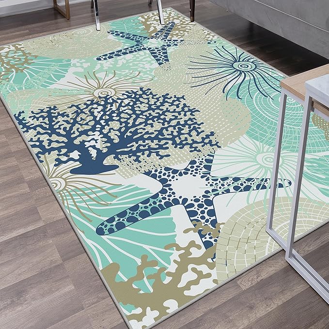 Tritard Coastal Area Rugs Nautical Beach Themed Non-Slip Machine Washable Rugs Modern Floor Carpet for Living Room Bedroom, 3x5, Navy