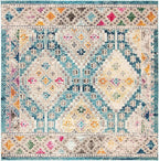 SAFAVIEH Madison Collection Area Rug - 6'7" Square, Dark Blue & Yellow, Boho Diamond Distressed Design, Non-Shedding & Easy Care, Ideal for High Traffic Areas in Living Room, Bedroom (MAD418N)