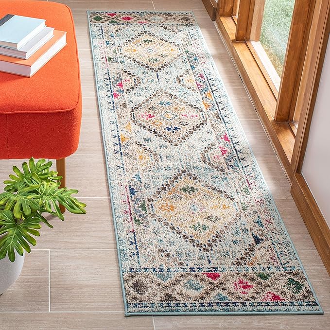 SAFAVIEH Madison Collection Runner Rug - 2'2" x 14', Blue & Yellow, Boho Diamond Distressed Design, Non-Shedding & Easy Care, Ideal for High Traffic Areas in Living Room, Bedroom (MAD418K)