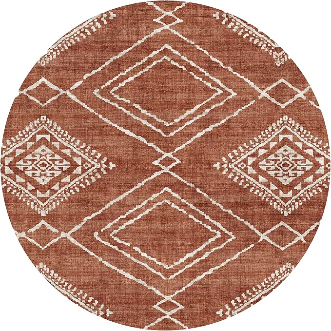 ReaLife Rugs Machine Washable Area Rug - Living Room Bedroom Bathroom Kitchen Entryway Office - Non Slip Low Pile Stain Resistant Premium - Moroccan Diamond Tribal - Jax - Orange 4' Round