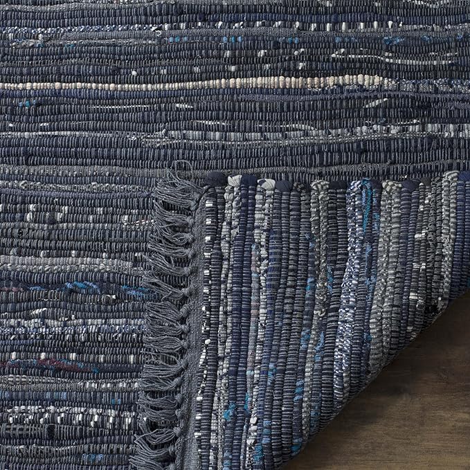 SAFAVIEH Rag Rug Collection Area Rug - 6' Square, Ink & Multi, Handmade Boho Stripe Cotton, Ideal for High Traffic Areas in Living Room, Bedroom (RAR121C)