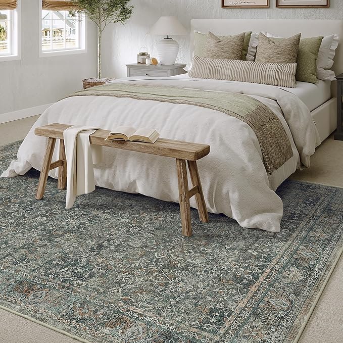 Area Rug 6x9 Gray Living Room Washable Vintage Carpet Non Slip Indoor Retro Traditional Grey Accent Throw Large Rug for Office Bedroom Dining Room Playroom