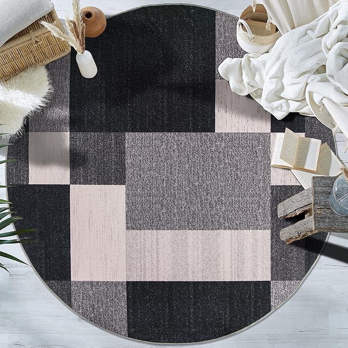 Rugshop Gray Modern Geometric Boxes Non-Slip Area Rug Non-Shedding for Dining Room, Living Room and Foyer, 8' Round