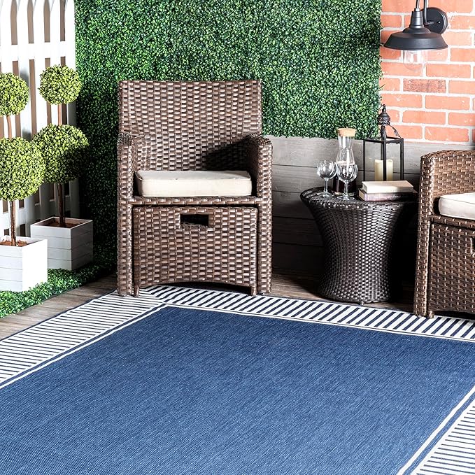 Nuloom Asha Navy/Ivory, 6'7" Square, Casual, Striped Border, Soft and Cozy, High Traffic, Stain Resistant, Easy Clean, Durable Area Rug for Indoor/Outdoor Patio, Deck, Porch, Garden, Courtyard