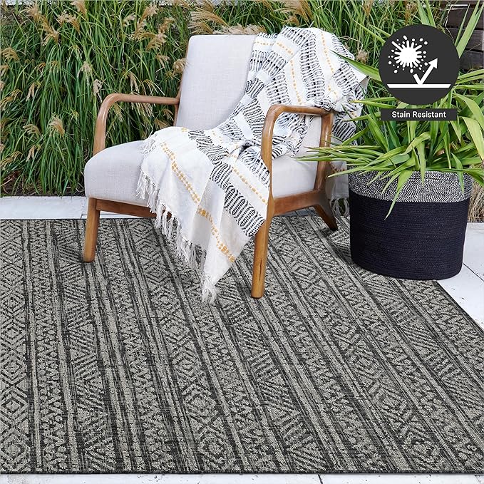 FH Home Flat Woven Outdoor Rug - Waterproof, Easy to Clean, Stain Resistant - Premium Polypropylene Yarn - Striped Boho - Patio, Porch, Deck, Balcony - Amman - Charcoal - 5ft 2in x 7ft 6in
