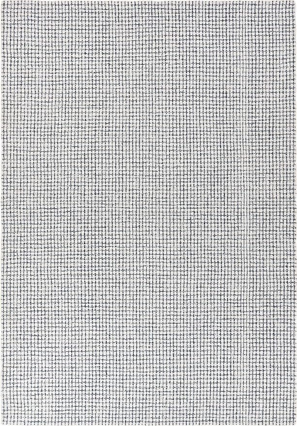 Hand-Tufted 100% Wool Pile Area Rug – Geometric Textured Grid Check Pattern – Thick and Durable Floor Carpet for Bedroom, Living Room, Kids Room, and Dining Area (Ivory, Denim, 10' x 14')