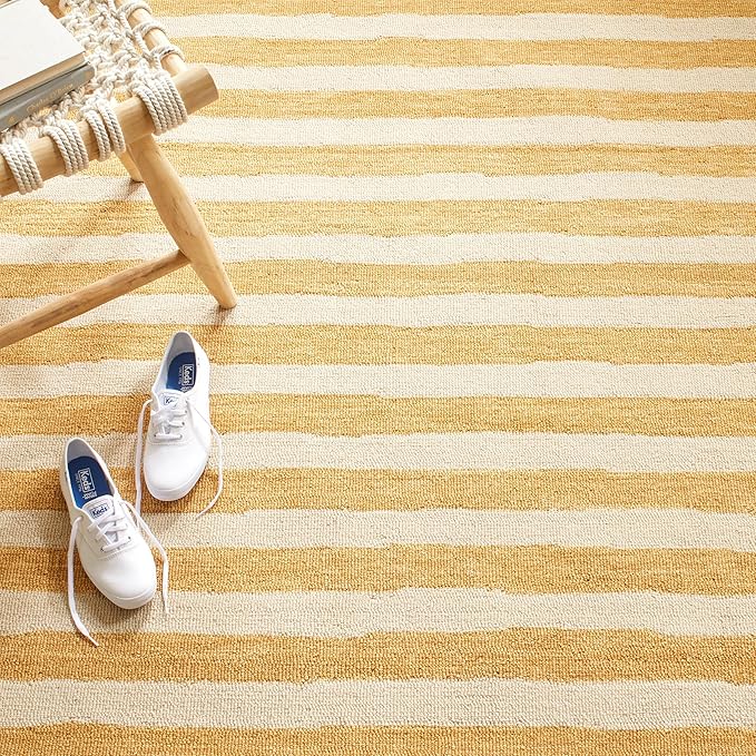Dash & Albert Silas Stripe Gold Hand Micro Hooked Wool Rug, 7.5 X 9.5 Feet, Yellow/Orange Stripe Pattern - Premium Luxury Hotel Quality Soft Breathable Hypoallergenic Machine Washable Easy Care All