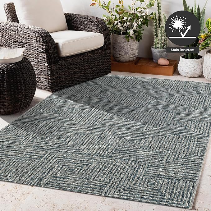 FH Home Outdoor Rug - Waterproof Easy to Clean Stain Resistant - Patio Indoor Outdoor Porch Deck Balcony Entryway - Geometric Modern - Budapest - Aqua - 5ft 2in x 7ft 6in
