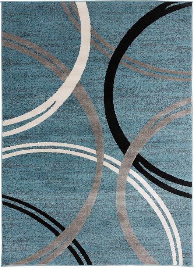 Rugshop Modern Wavy Circles Design Round Rug, Carpet with Jute Backing for Living Room, Dining Room, or Bedroom, Blue, 8' Round
