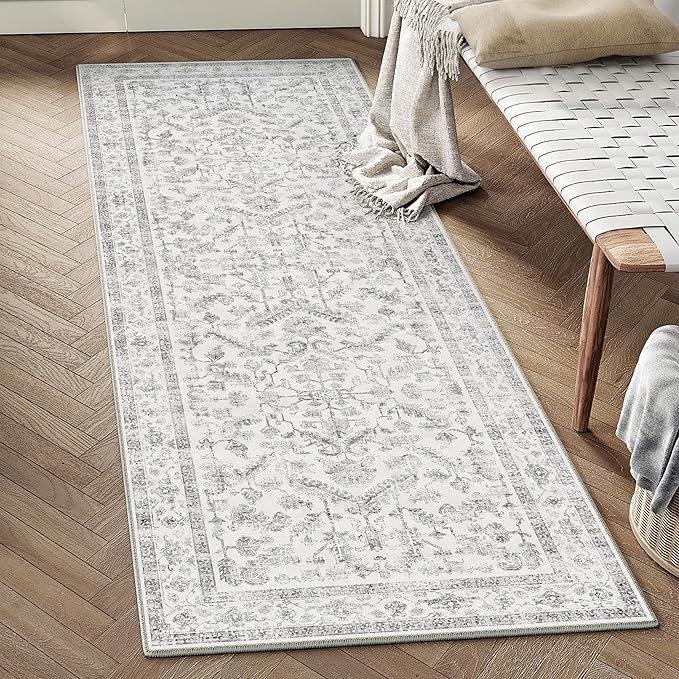 Grey 2x6 Runner Rug Vintage Area Carpet Hallway Indoor Kitchen Washable Low Pile Traditional Distressed Retro Accent Throw Rug Non Slip for Laundry Bathroom Office