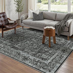 Dark Black Area Rug 5x7 Machine Washable Vintage Living Room Distressed Non Slip Carpet Traditional Indoor Bedroom Retro Floral Accent Throw Large Rug Office Kitchen Bathroom Dining Room