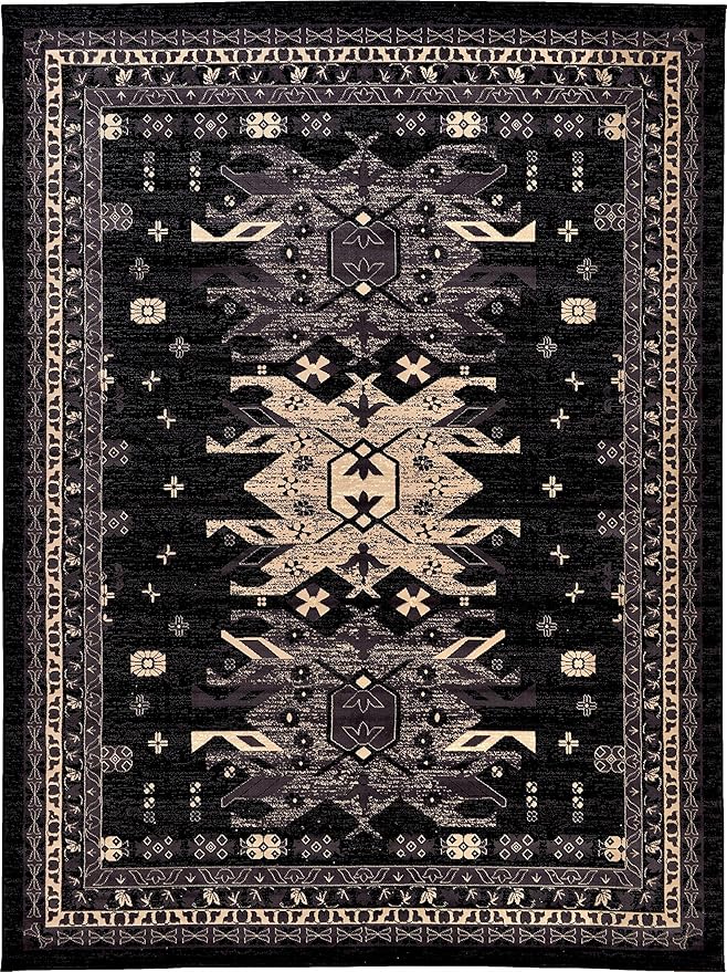 Unique Loom Taftan Collection Border Geometric Tribal Inspired Design Area Rug (9' 10 x 13' 0 Rectangular, Black/ Gray)