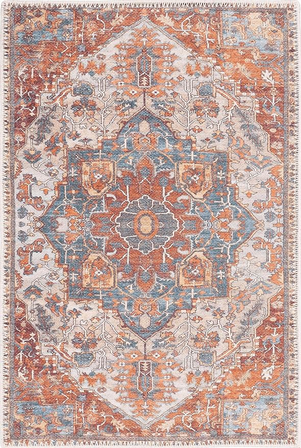 GLN Rugs Traditional Collection - Machine Washable Area Rug, Traditional Washable, Non Slip, Low Pile Chenille Rug, Living Room, Bedroom, Kitchen Rug (2' x 3' Cream/Terra)