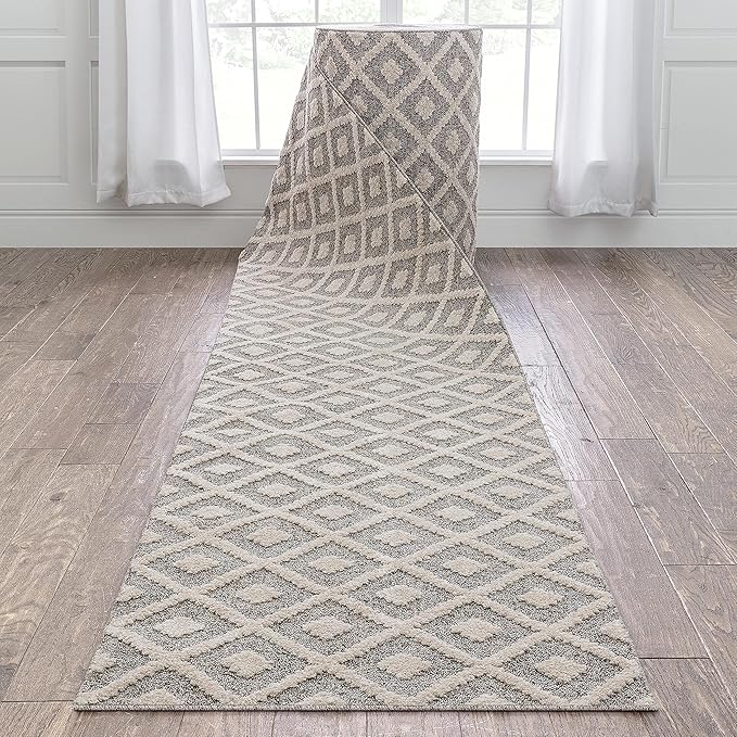 Well Woven Custom Size Hallway Stair Runner - Choose Your Length - Ainsley Ivory Diamond Trellis Geometric Tribal - 31 Inches Wide x 40 Feet Long Runner (31" x 40' Runner) Rug