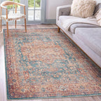 GLN Rugs Traditional Collection - Machine Washable Area Rug, Traditional Washable, Non Slip, Low Pile Chenille Rug, Living Room, Bedroom, Kitchen Rug (5' x 7' Terra/Green)