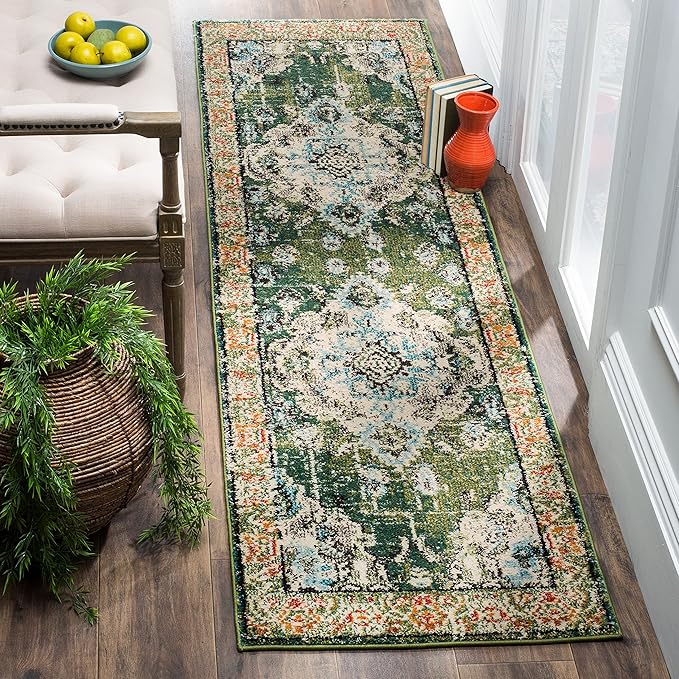 SAFAVIEH Monaco Collection Runner Rug - 2'2" x 10', Forest Green & Light Blue, Medallion Distressed Design, Non-Shedding & Easy Care, Ideal for High Traffic Areas in Living Room, Bedroom (MNC243F)
