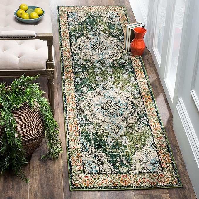 SAFAVIEH Monaco Collection Runner Rug - 2'2" x 8', Forest Green & Light Blue, Medallion Distressed Design, Non-Shedding & Easy Care, Ideal for High Traffic Areas in Living Room, Bedroom (MNC243F)