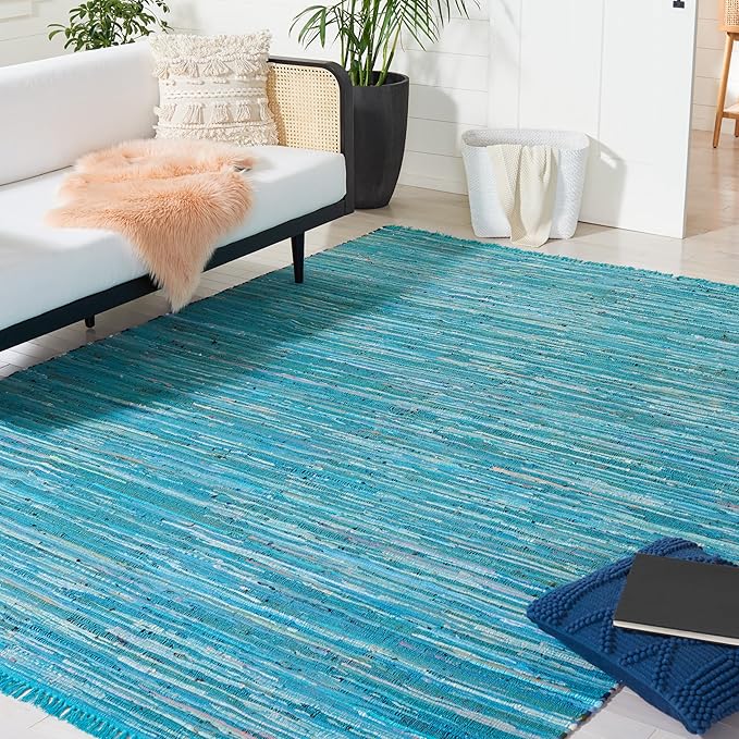 SAFAVIEH Rag Rug Collection X-Large Area Rug - 11' x 15', Blue & Multi, Handmade Boho Stripe Cotton, Ideal for High Traffic Areas in Living Room, Bedroom (RAR121B)