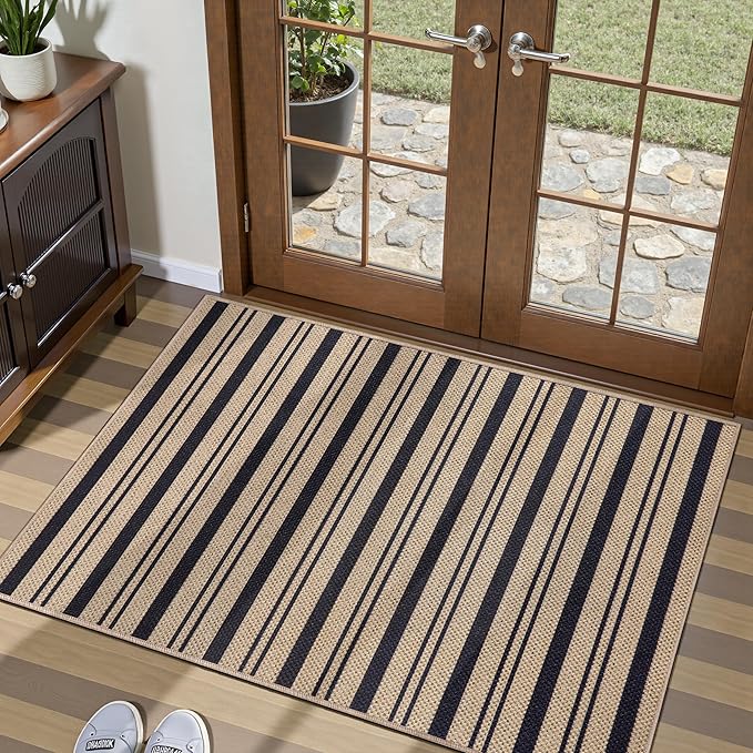 Tangsoo Stripe Easy Jute Rug,Ultra Thin 2x3 Outdoor Rug for Entryway,Non-Slip Washable Small Rug Modern Front Door Mat Throw Carpet for Kitchen Bedroom Porch Doorway