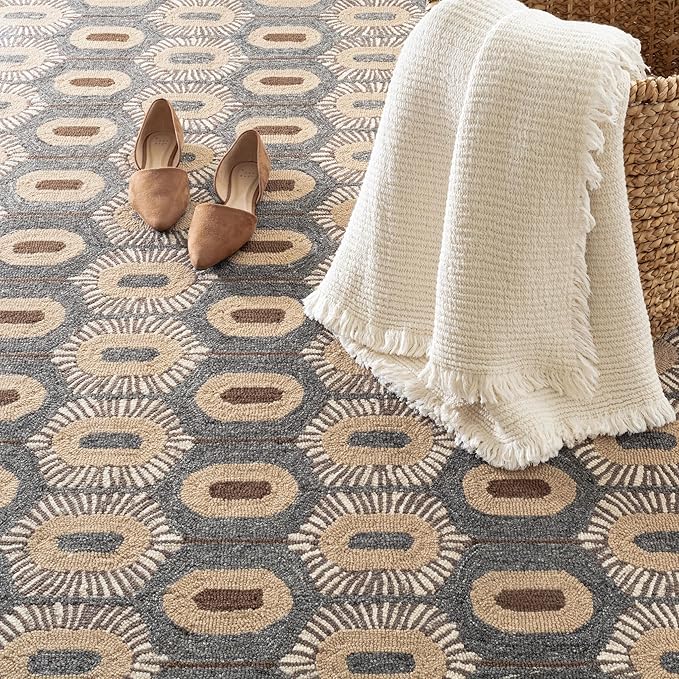 Dash & Albert Stowe Hand Micro Hooked Wool Rug, 8.5 X 11.5 Feet, Blue/Browns Geometric Pattern