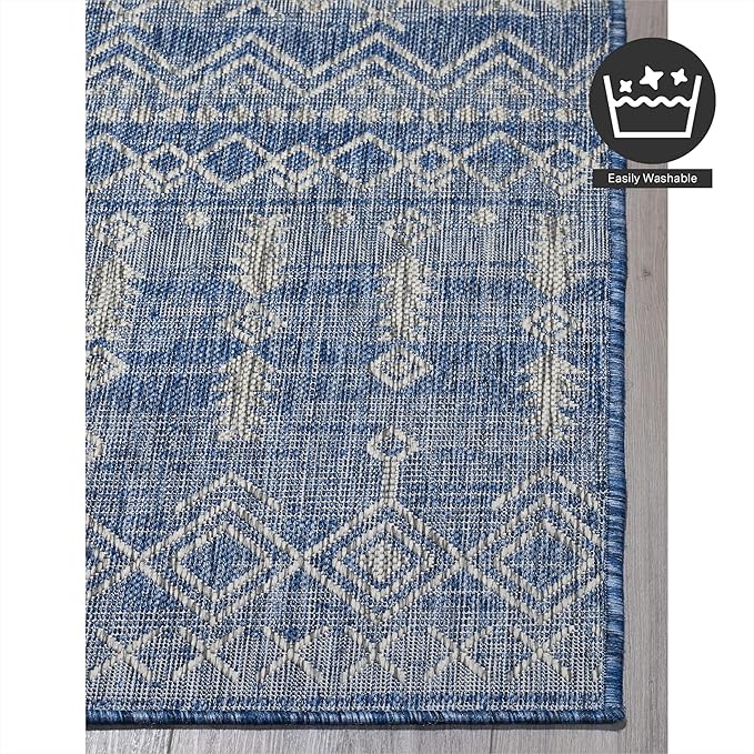 FH Home Flat Woven Outdoor Rug - Waterproof, Easy to Clean, Stain resistant - Premium Polypropylene Yarn - Boho Moroccan - Patio, Deck, Porch, Balcony, Laundry Room - Dakar - Blue - 3ft 11in x 5ft 6in