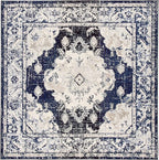 SAFAVIEH Monaco Collection Area Rug - 6'7" Square, Ivory & Navy, Boho Chic Medallion Distressed Design, Non-Shedding & Easy Care, Ideal for High Traffic Areas in Living Room, Bedroom (MNC243C)