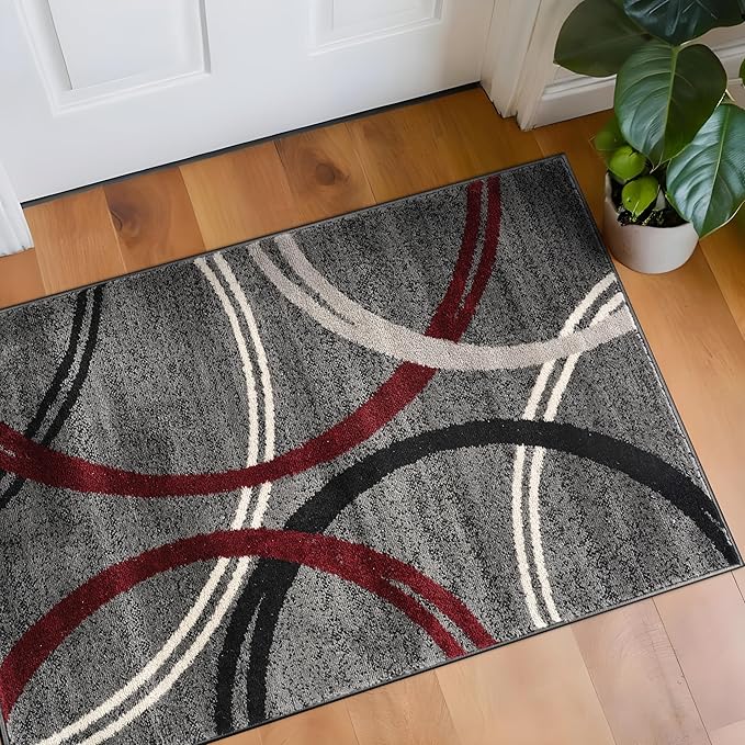 Rugshop Modern Wavy Circles Design Non-Shedding Accent Rug, Carpet for Entryway or Laundry Room, Red, 2'7" x 4'