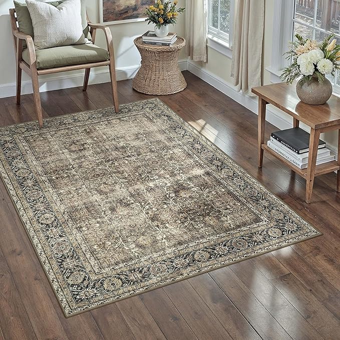 Brown Entryway Rug 2x4 Vintage Area Carpet Indoor Kitchen Washable Door Mat Living Room Entrance Small Low Pile Non Slip Traditional Distressed Retro Accent Throw Rug Office Bathroom