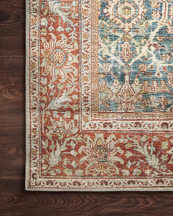 Loloi Layla Collection LAY-04 Ocean/Rust 7'-6" x 9'-6" .13" Thick Area Rug, Soft, Durable, Vintage Inspired, Distressed, Low Pile, Non-Shedding, Easy Clean, Printed, Living Room Rug