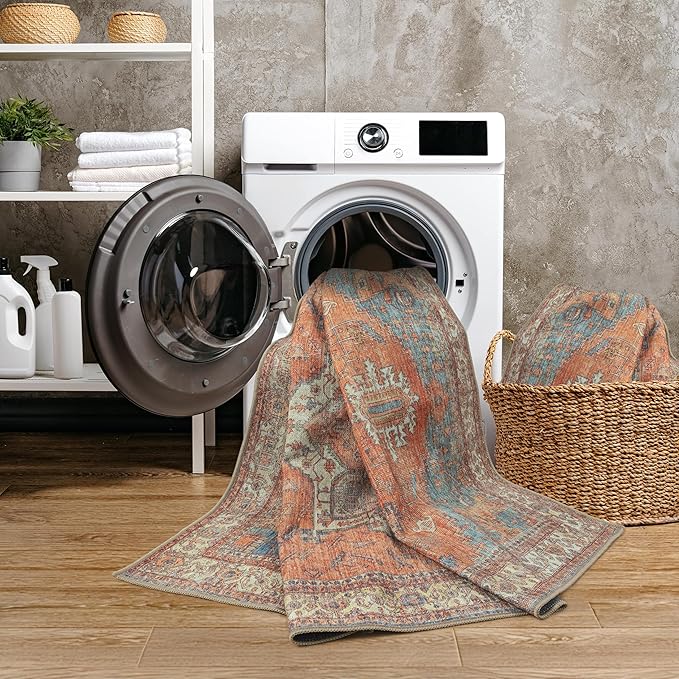 GLN Rugs Traditional Collection - Machine Washable Area Rug, Traditional Washable, Non Slip, Low Pile Chenille Rug, Living Room, Bedroom, Kitchen Rug (2'6" x 7' Terra/Multicolor)