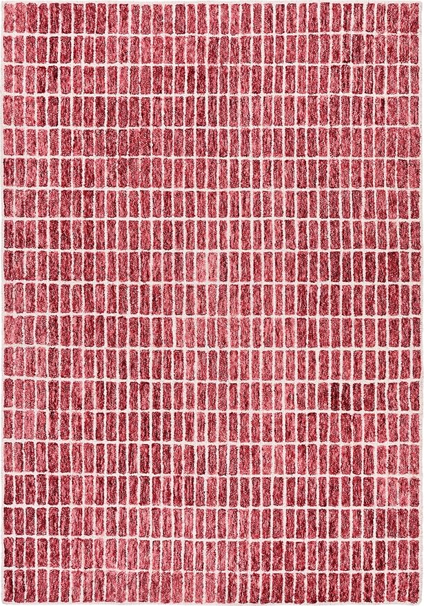 Hand-Tufted 100% Wool Area Rug – Unique Modern Geometric Grid Pattern, Soft Plush Textured Carpet for Living Room, Bedroom, Dining Room & Entryway (Brick Red, 6' Round)