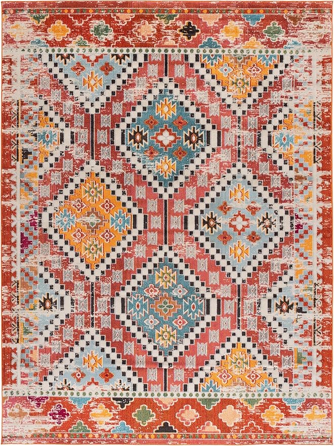 SAFAVIEH Madison Collection Area Rug - 10' x 14', Rust & Pink, Boho Diamond Distressed Design, Non-Shedding & Easy Care, Ideal for High Traffic Areas in Living Room, Bedroom (MAD418Q)