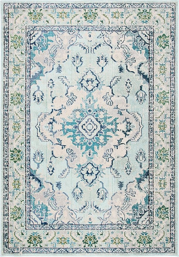 SAFAVIEH Monaco Collection Area Rug - 9' x 12', Light Blue & Ivory, Boho Chic Medallion Distressed Design, Non-Shedding & Easy Care, Ideal for High Traffic Areas in Living Room, Bedroom (MNC243K)