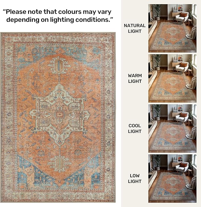 GLN Rugs Traditional Collection - Machine Washable Area Rug, Traditional Washable, Non Slip, Low Pile Chenille Rug, Living Room, Bedroom, Kitchen Rug (4' x 6' Terra/Multicolor)