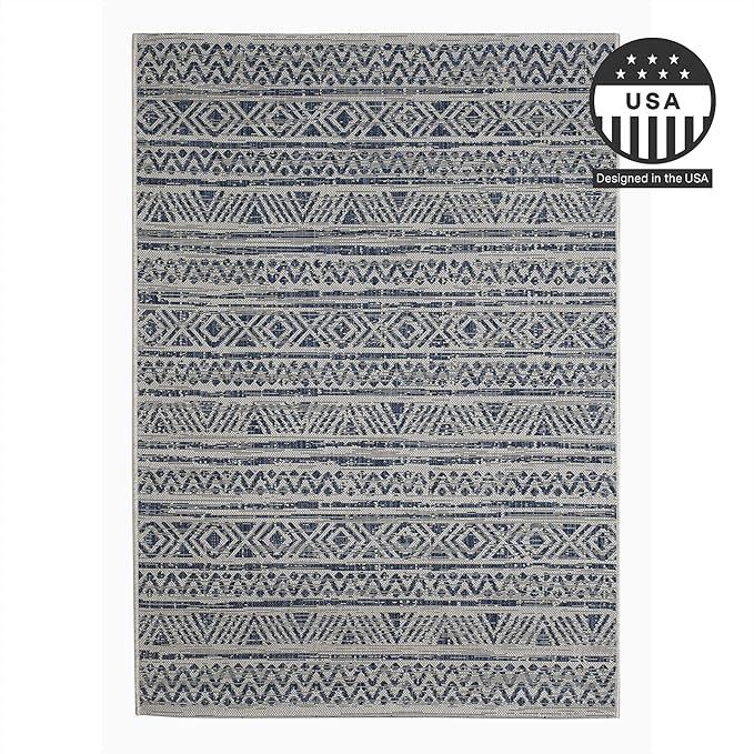 FH Home Flat Woven Outdoor Rug - Waterproof, Easy to Clean, Stain Resistant - Premium Polypropylene Yarn - Striped Boho - Large Patio, Deck, Sunroom - Amman - Blue - 7ft 8in x 9ft 8in