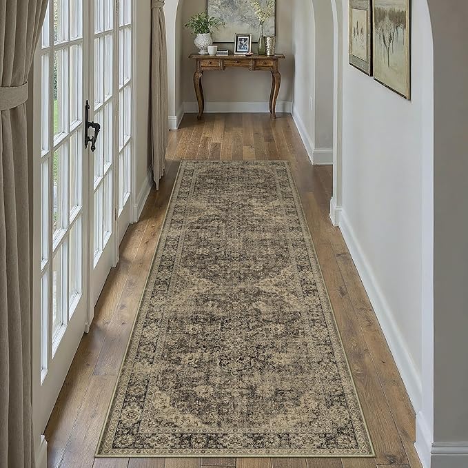 HUGEAR 2x8 Runner Rug Hallway Machine Washable Retro Brown Vintage Floral Low Pile Carpet Distressed Long Throw Rug Bedroom Office Bathroom Kitchen Laundry Non Slip Soft Lightweight