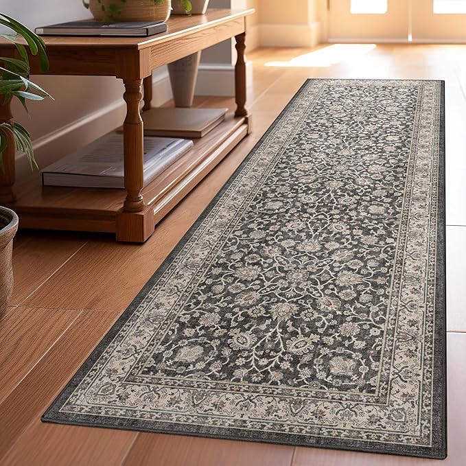 Well Woven Asha Rome Black 2'3" x 7'3" Runner Rug - Oriental Floral Pattern, Easy Clean, Floor-Friendly Backing - for Hallway, Entryway, and Kitchen