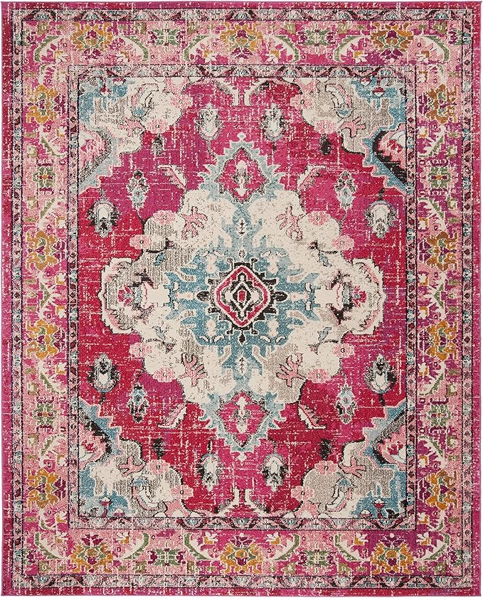SAFAVIEH Monaco Collection Area Rug - 10' x 14', Pink & Multi, Boho Chic Medallion Distressed Design, Non-Shedding & Easy Care, Ideal for High Traffic Areas in Living Room, Bedroom (MNC243D)