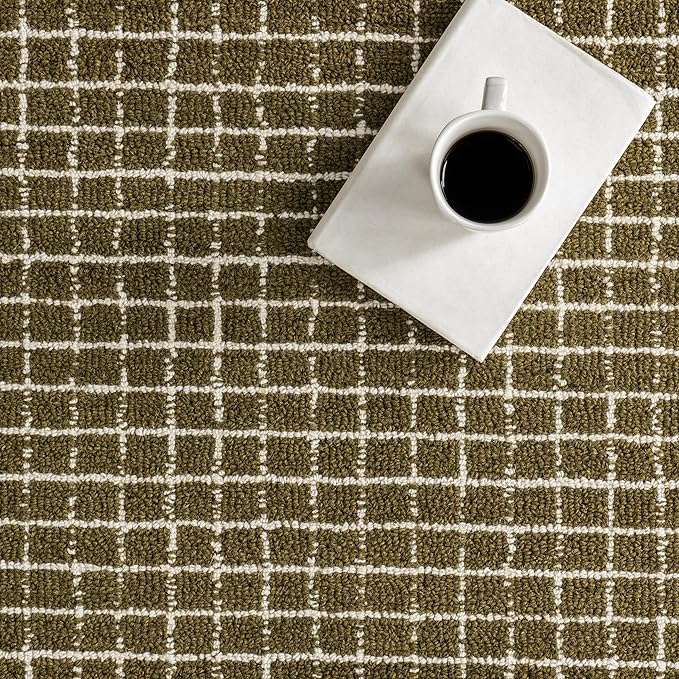 Rugs USA 6x9 Melrose Checked Wool Indoor Area Rug, Contemporary Farmhouse Moss/Ivory for Living Room, Bedroom, Office, Entryway, Hallway