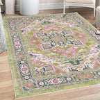 Ambesonne Ethnic Decorative Rug, Bohemian Retro Themed Floral Detail Cultural Abstract Shapes Flourish, Quality Carpet for Bedroom Dorm and Living Room, 4' X 5' 5", Pistachio Green Pink Teal