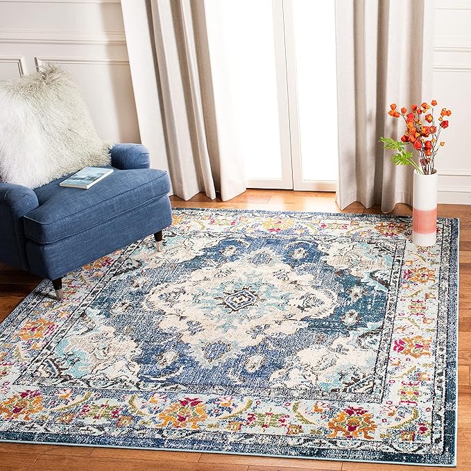 SAFAVIEH Monaco Collection Area Rug - 3' Square, Navy & Light Blue, Boho Chic Medallion Distressed Design, Non-Shedding & Easy Care, Ideal for High Traffic Areas in Living Room, Bedroom (MNC243N)