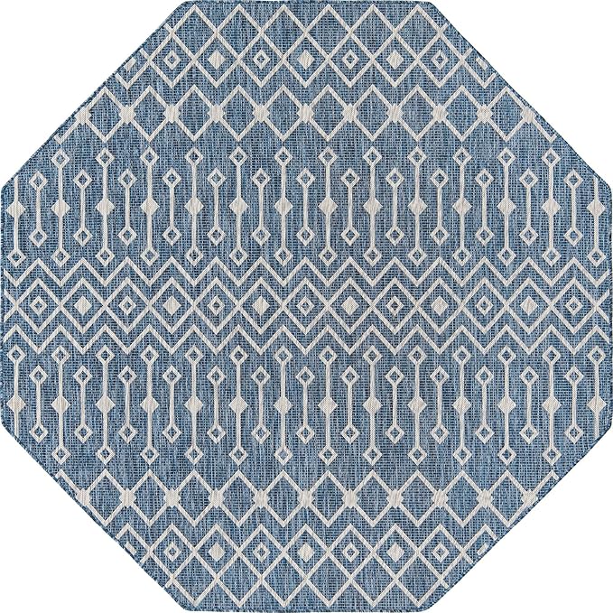 Unique Loom Outdoor Trellis Collection Area Rug - Tribal Trellis (7' 10" Octagon, Blue/ Ivory)