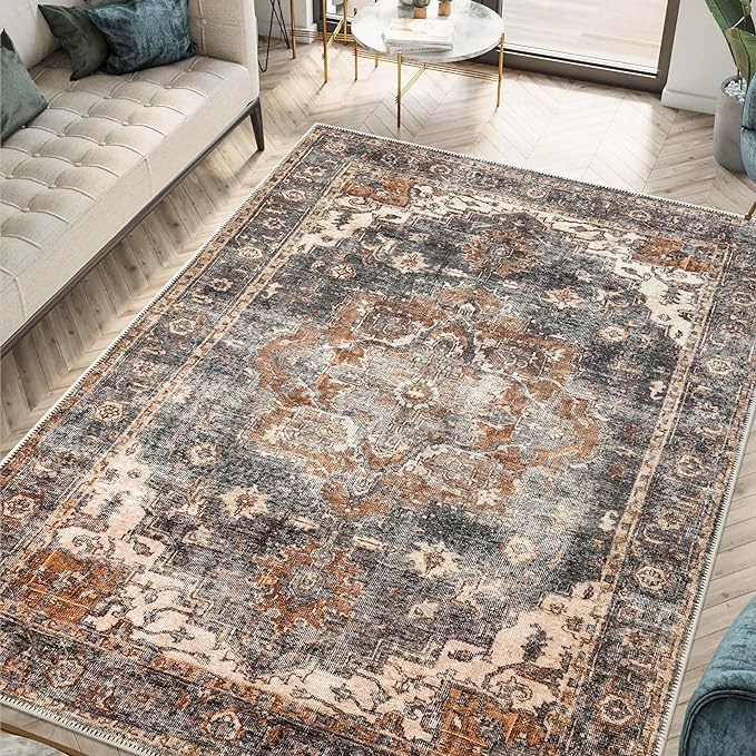 Keen Home Design 6x9 Rug - Machine Washable Area Rug with Non-Slip Backing, Ideal for Living Room, Dining Room, Bedroom - Vintage, Easy Clean, Durable, Low Pile Rug - (6' x 9')