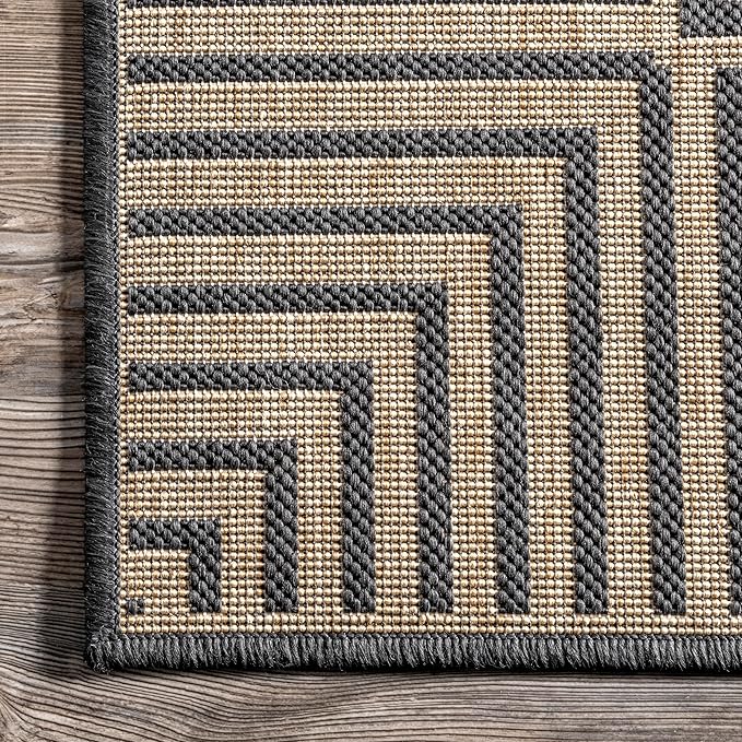 Nuloom Asha Dark Grey/Ivory, 6'7" Round, Casual, Striped Border, Soft and Cozy, High Traffic, Stain Resistant, Easy Clean, Durable Area Rug for Indoor/Outdoor Patio, Deck, Porch, Garden, Courtyard