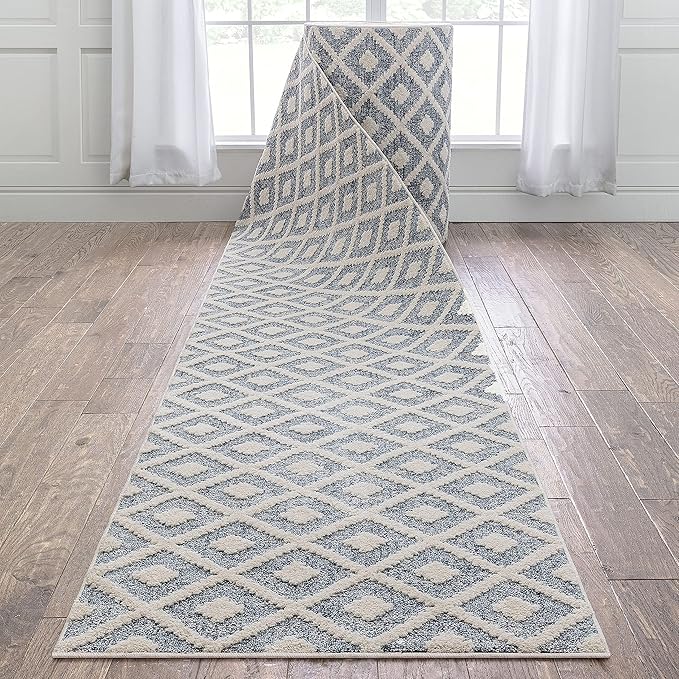 Well Woven Custom Size Hallway Stair Runner - Choose Your Length - Ainsley Blue Diamond Trellis Geometric Tribal - 31 Inches Wide x 45 Feet Long Runner (31" x 45' Runner) Rug