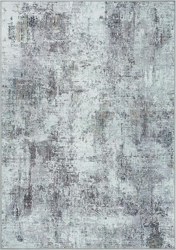GLN Rugs Contemporary Collection - Machine Washable Area Rug, Contemporary Washable, Non Slip, Low Pile Chenille Rug, Living Room, Bedroom, Kitchen Rug (8' x 10' Grey/Green)