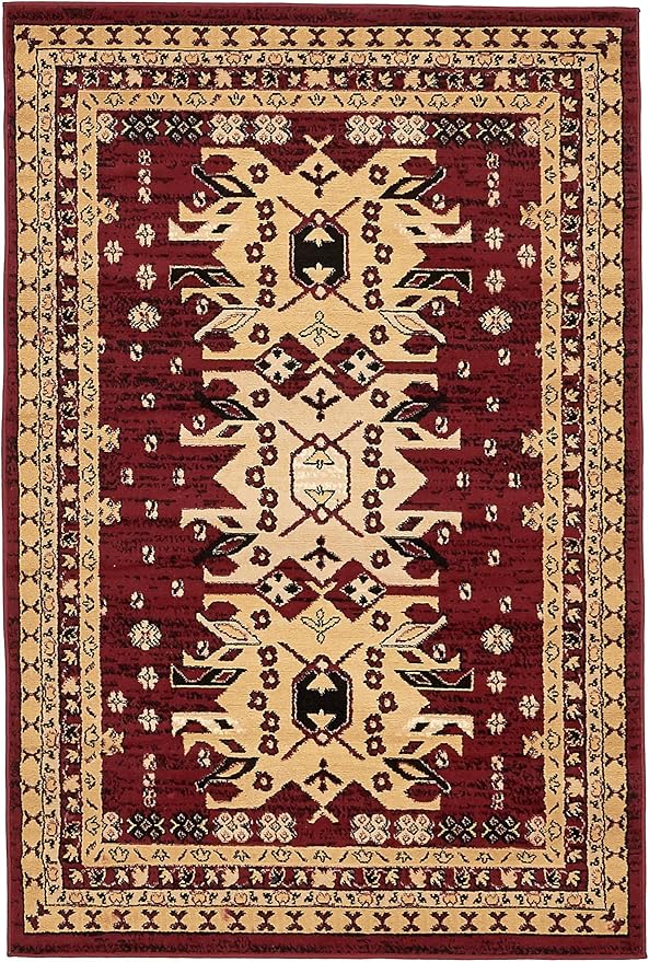 Unique Loom Taftan Collection Border Geometric Tribal Inspired Design Area Rug (4' 0 x 6' 0 Rectangular, Red/ Gold)