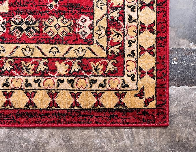 Unique Loom Taftan Collection Border Geometric Tribal Inspired Design Area Rug (7' 0 x 10' 0 Rectangular, Red/ Gold)