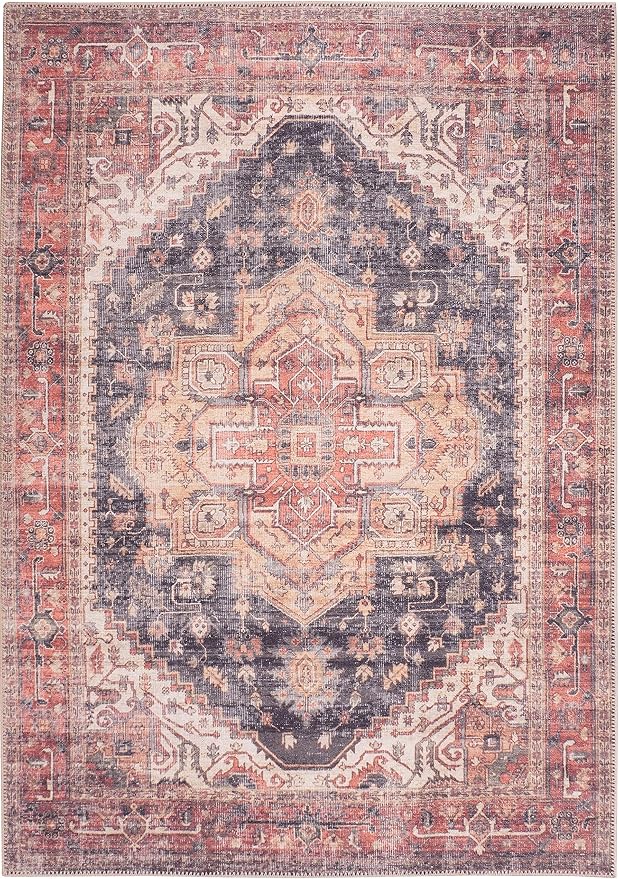 GLN Rugs Traditional Collection - Machine Washable Area Rug, Traditional Washable, Non Slip, Low Pile Chenille Rug, Living Room, Bedroom, Kitchen Rug (8' x 10' Black/Terra)