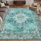 Washable Area Rug 3' x 5 ' Vintage Traditional Persian Mat - Foldable Distressed Non-Slip Machine Washable Carpet for Living Room Bedroom Kitchen Home Decor - Teal and Gold
